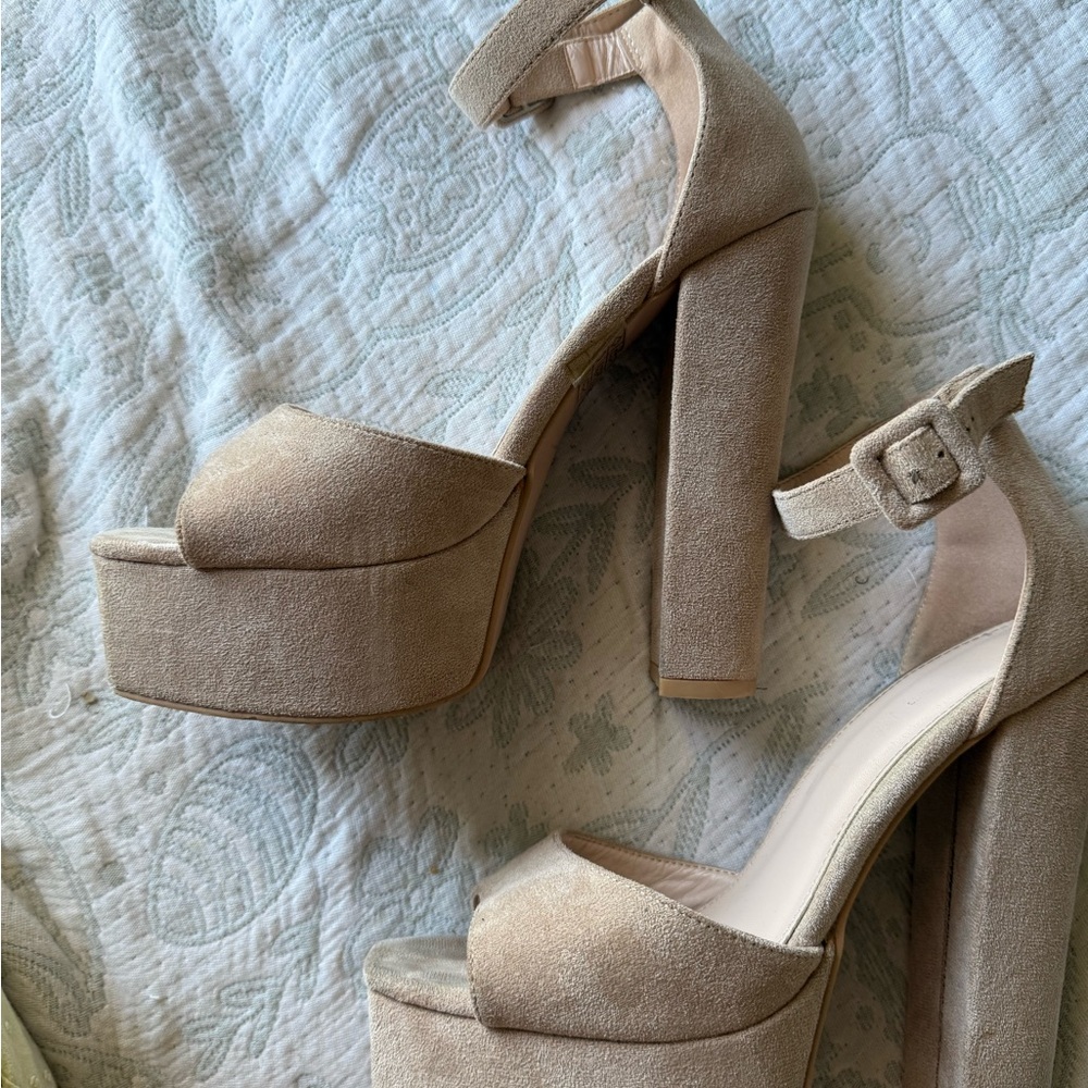 PrettyLittleThing Beige Suede Platform Heels